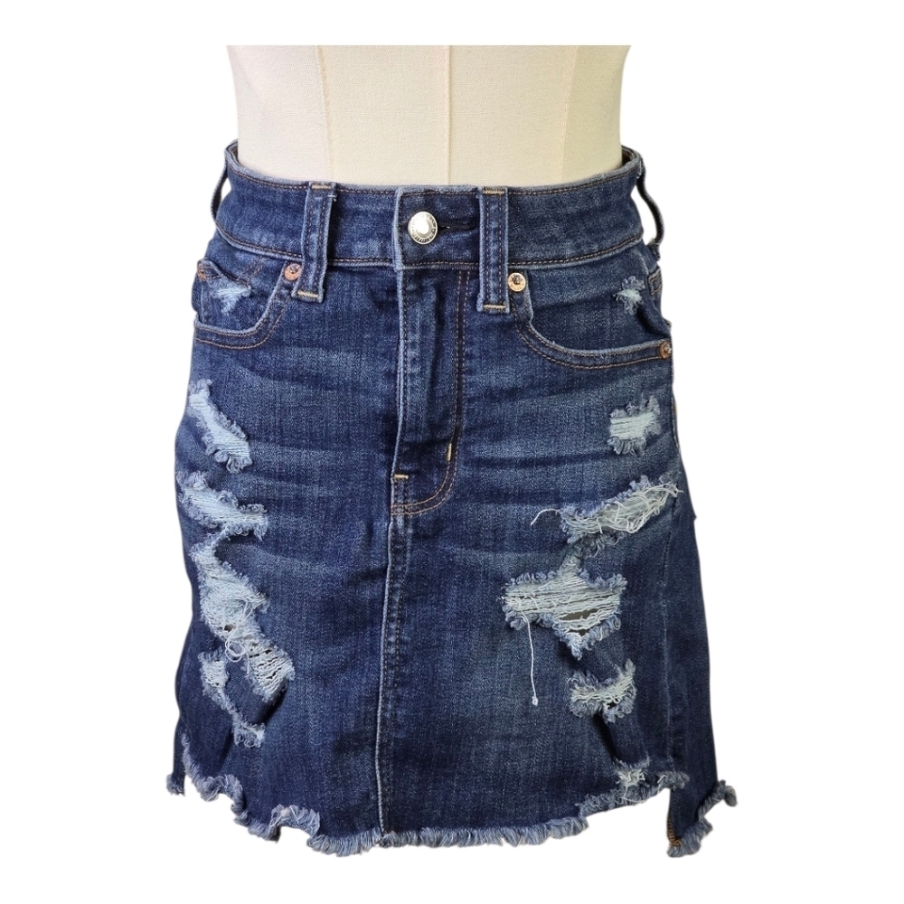American Eagle Distressed Denim Skirt 0 - Frayed Hem, Stretch Jean Mini Skirt